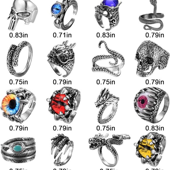 16 Pieces Vintage Punk Rings for Men Women Gothic Rings Silver Black Dragon Snak - Picture 5 of 7